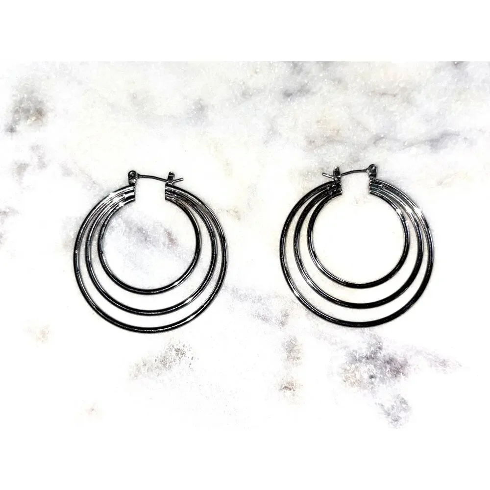 Silver Tone Triple Tiered Hoop Earrings - Modern & Stylish!